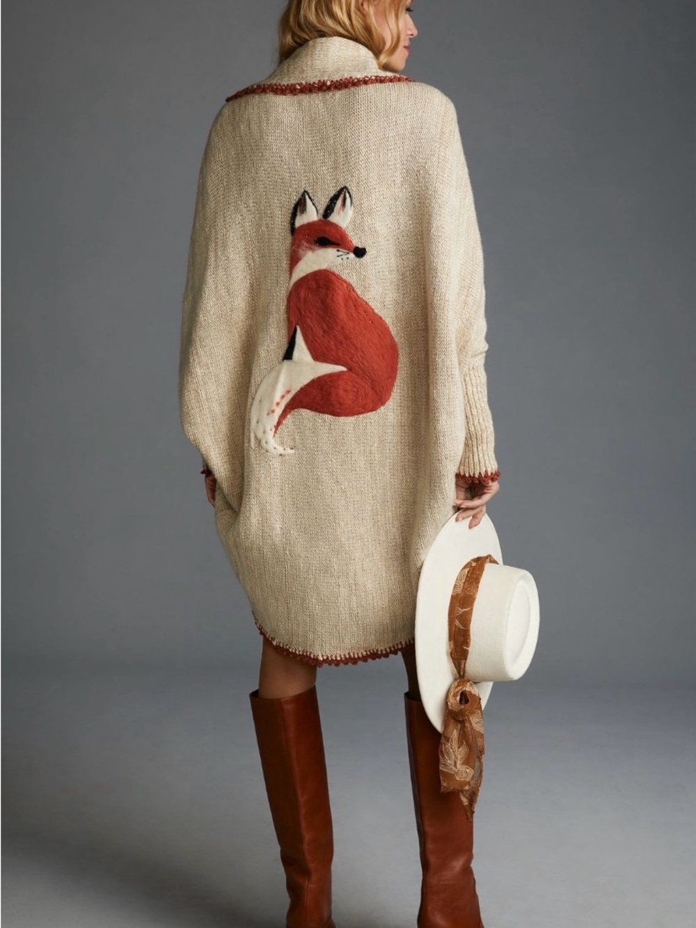 Anthropologie Cream Knit Poncho with Red Fox Appliqué - Picture 2 of 8